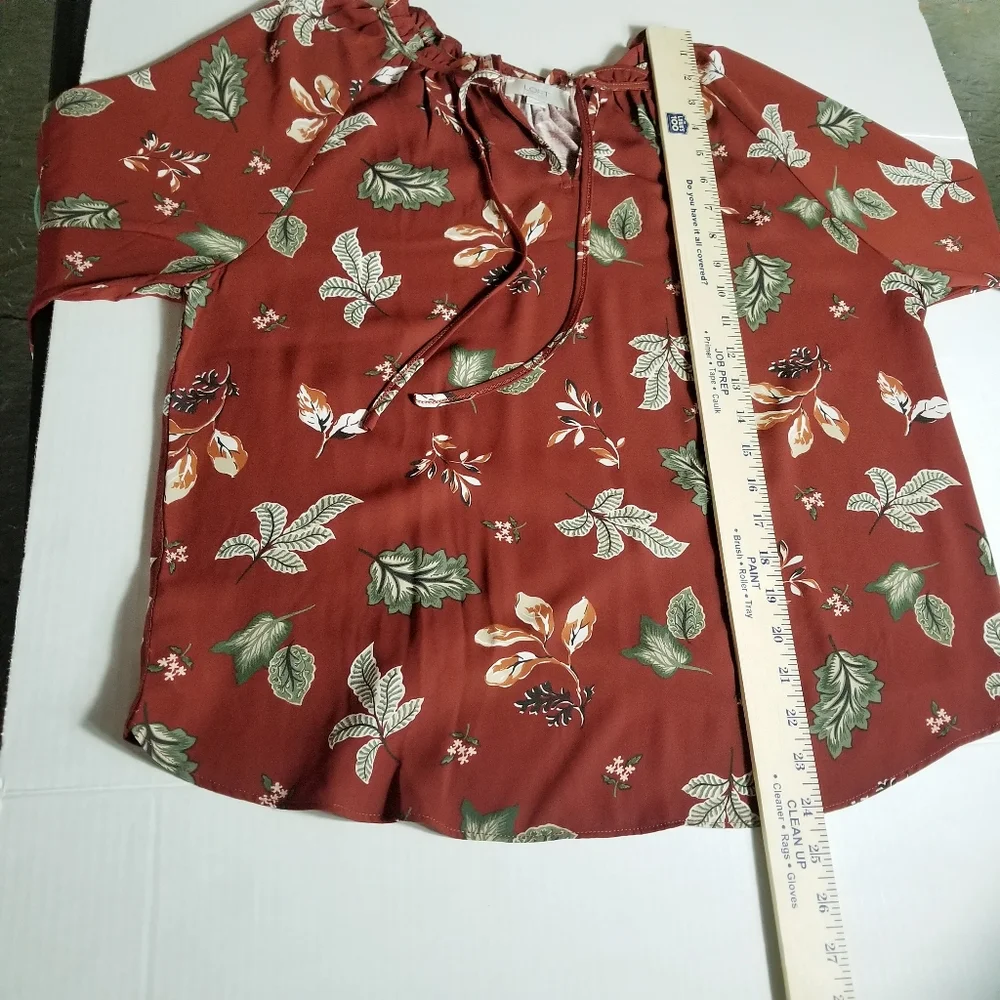 LOFT BOHO LEAF BLOUSE BURNT RED GREEN ORANGE SIZE MEDIUM - Picture 5 of 11
